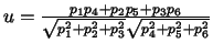 $u=\frac{p_{1}p_{4}+p_{2}p_{5}+p_{3}p_{6}}{\sqrt{
p_{1}^{2}+p_{2}^{2}+p_{3}^{2}}\sqrt{p_{4}^{2}+p_{5}^{2}+p_{6}^{2}}}\medskip\medskip $